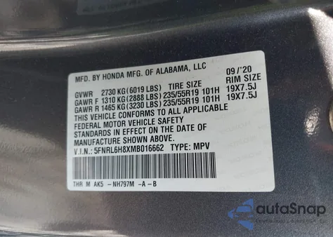 2021 Honda Odyssey Touring z USA, uszkodzony, nr VIN 5FNRL6H8XMB016662